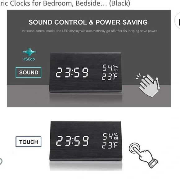 Digital alarm clock black wood green light new - Picture 4 of 7